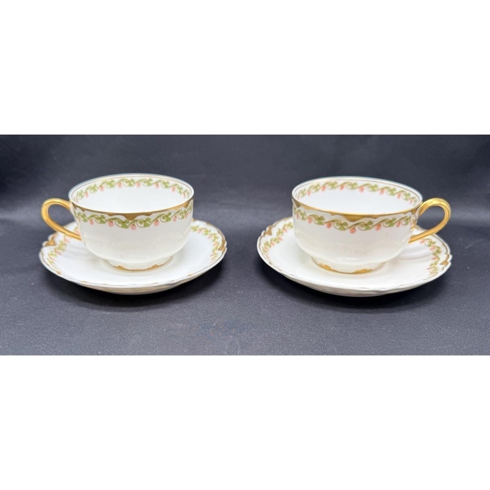 Pair Schleiger Limoges 98/113 Teacups Gold Clover